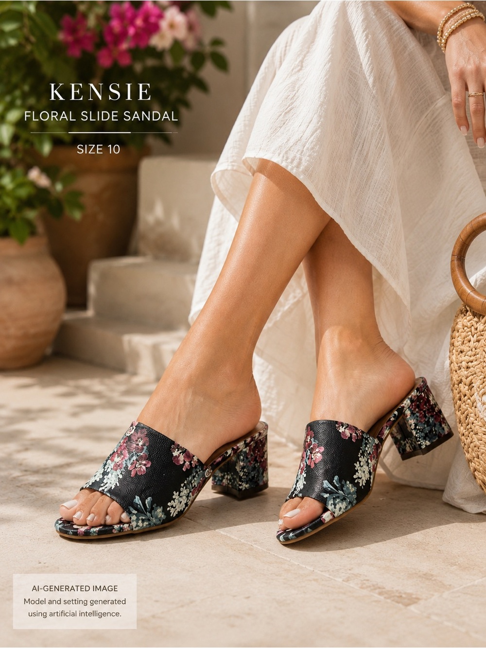Kensie Floral Block Heel Mules Size 10 Black Pink Resort Sandals